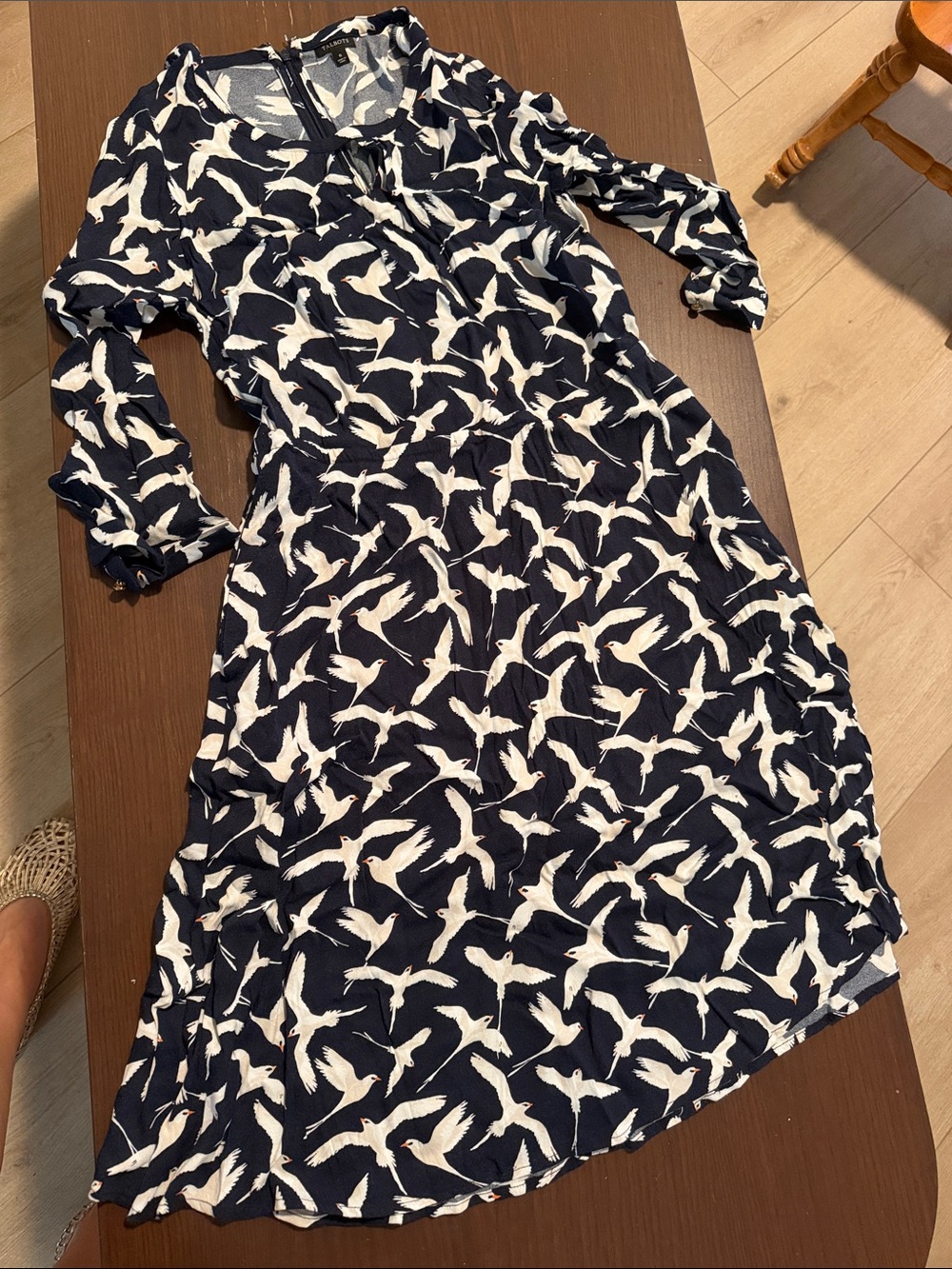 Talbots Navy Blue and White Bird-Print Long Sleeve Dress